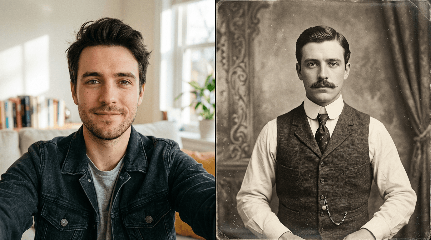 Split portrait: a modern person on the left and their plausible early-1900s ancestor on the right.